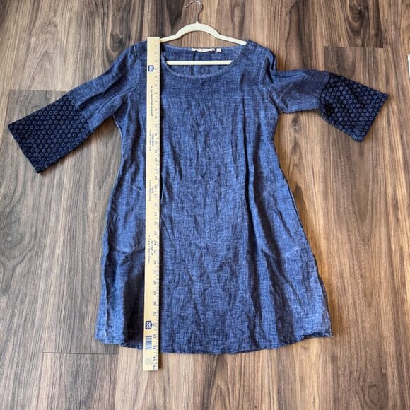 Soft Surroundings Blue Linen 100% Crochet Sleeve Dress Small Lagenlook minimal - Picture 8 of 9